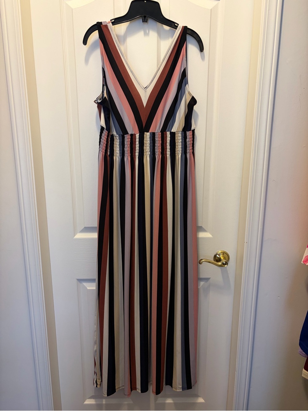 Suzy Shier Striped V-Neck Sleeveless Maxi Dress in Blush, Black, Navy, Cream
